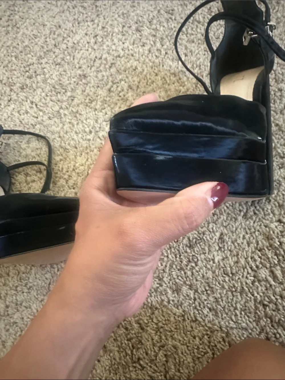 SCHUTZ Black Patent Platform Peep-Toe Pumps with Ankle Straps